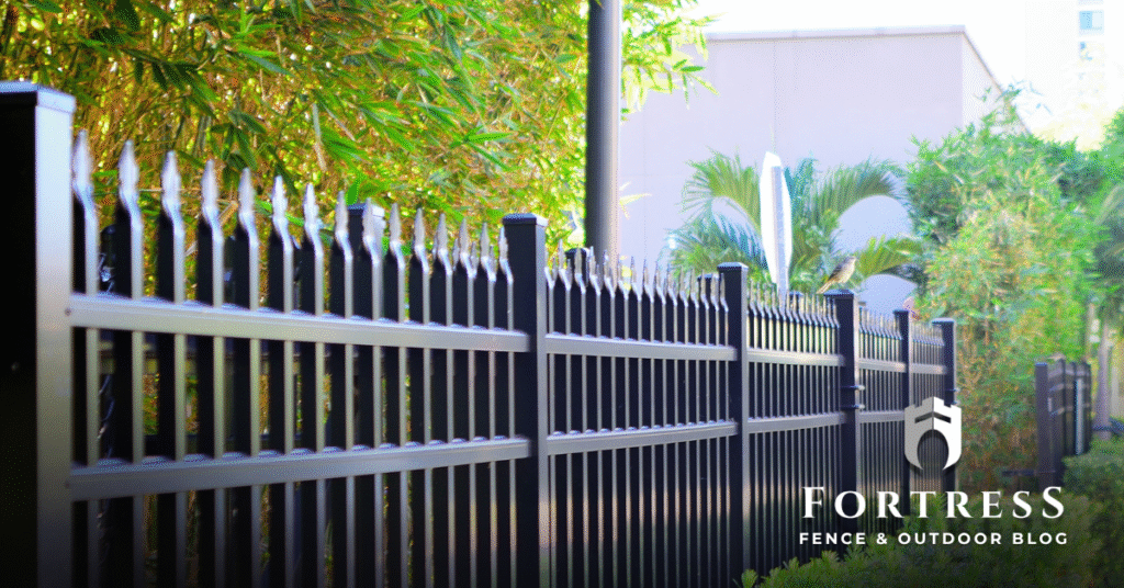 black ornamental fence with fortress fence and outdoor logo nd blog title in Tuscaloosa
